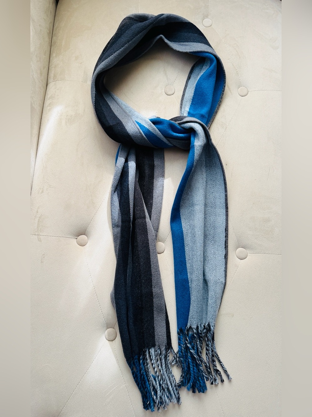 Coach wool silk cashmere Striped Scarf in Blue, Gray & Black